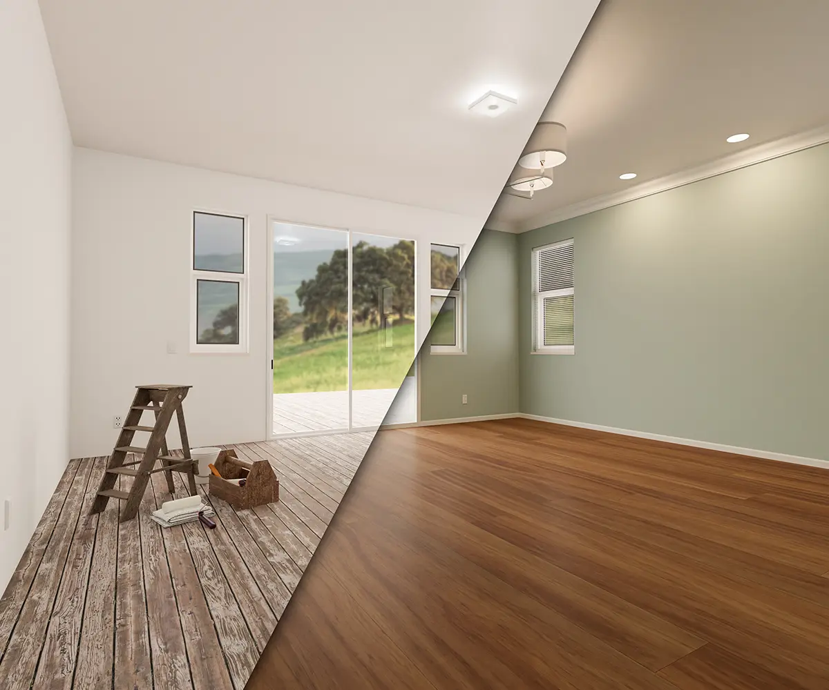 Before and after floor refinishing and wall painting